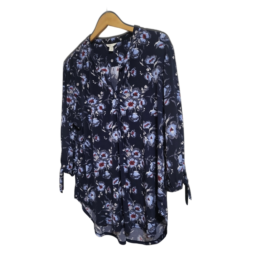 🌿Cato Women's XL Blue Floral Print Tunic Style Peasant Style High Low Cut - Picture 4 of 11